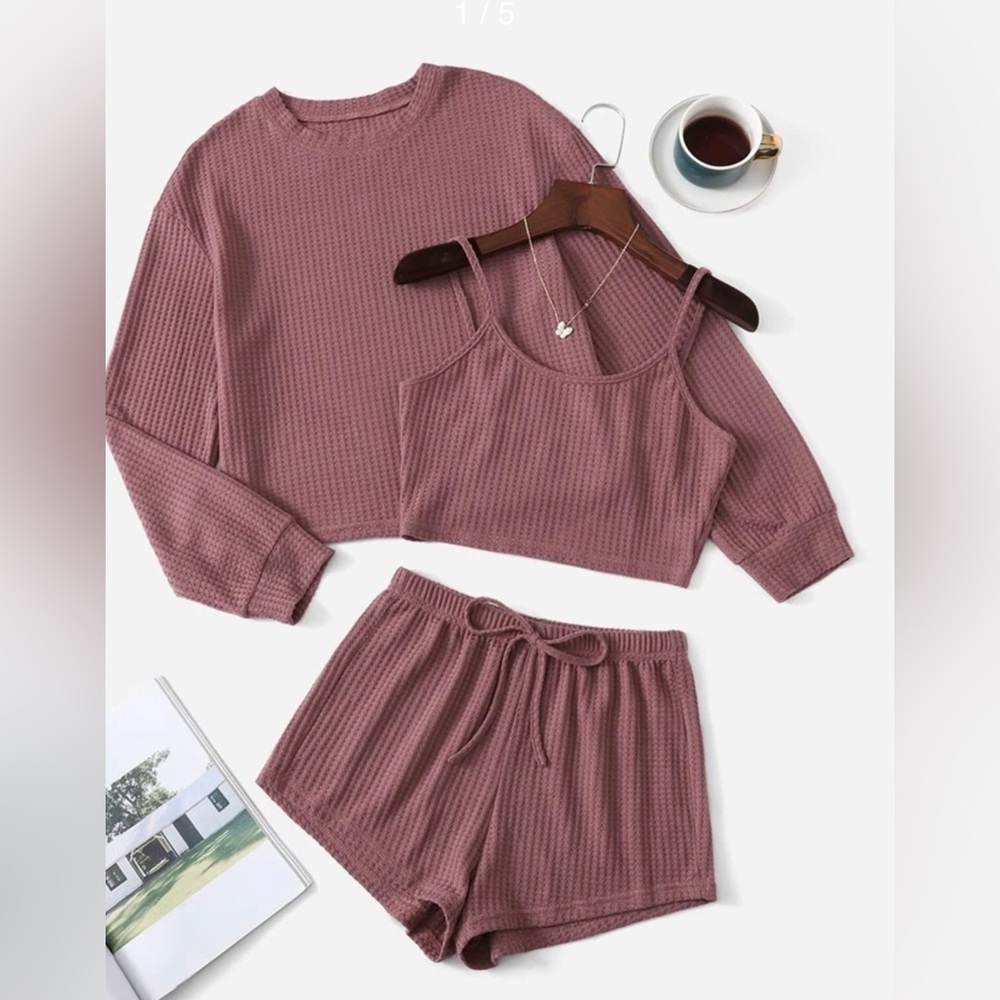 Drop Shoulder Waffle Knit Lounge Set With Tank